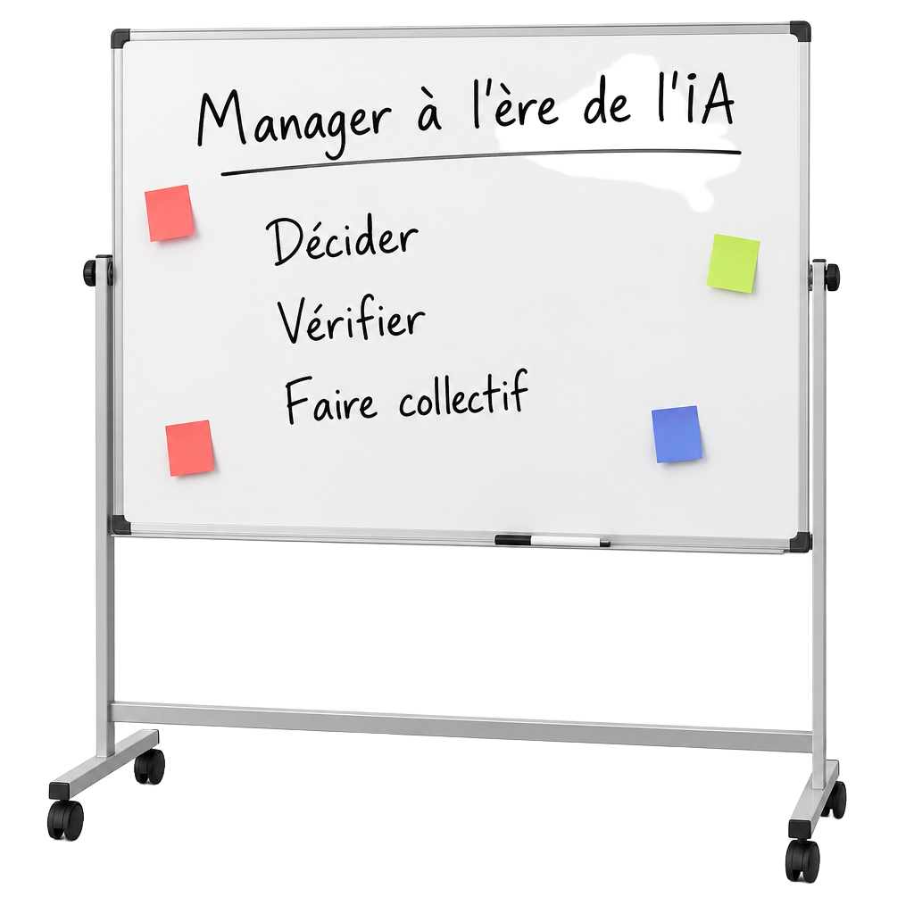 Tableau blanc mobile portant l’inscription « Manager à l’ère de l’IA » : décider, vérifier, faire collectif